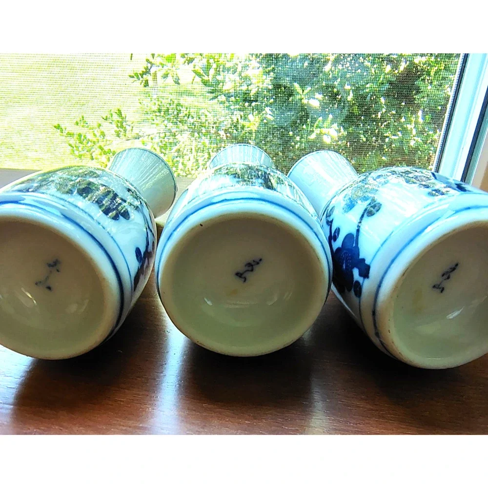 (3) Vtg Japanese Sake Bottle Decanter Vase Blue Porcelain Bamboo Cherry Blossoms